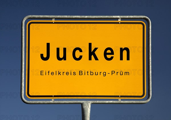 Place name sign Jucken, municipality in the Eifel district of Bitburg-Pruem, Rhineland-Palatinate, Germany, Europe