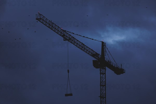 A crane works at blue hour in Berlin, 20/02/2024