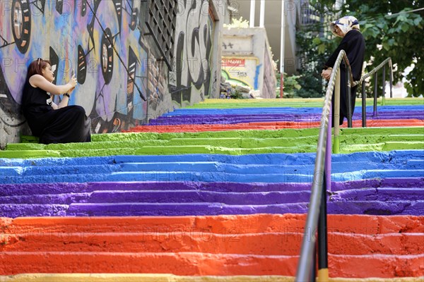 Tourists, painted staircase in rainbow colours, Istanbul, European part, Istanbul province, Turkey, Asia