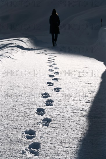 Hiking in a winter landscape in the Beverin nature park Park, Graubuenden, Switzerland, Europe