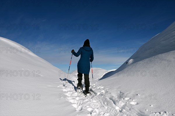 Snowshoe hiking in the Beverin nature park Park, Graubuenden, Switzerland, Europe