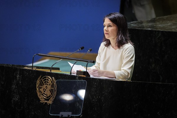 Plenary session of the United Nations General Assembly on 'AeRThe situation in the temporarily 'AeRoccupied territories of Ukraine in New York, 24 February 2024. Annalena Baerbock (Alliance 90/The Greens), Federal Foreign Minister, travels to New York to mark the anniversary of the attack on Ukraine. Photographed on behalf of the Federal Foreign Office