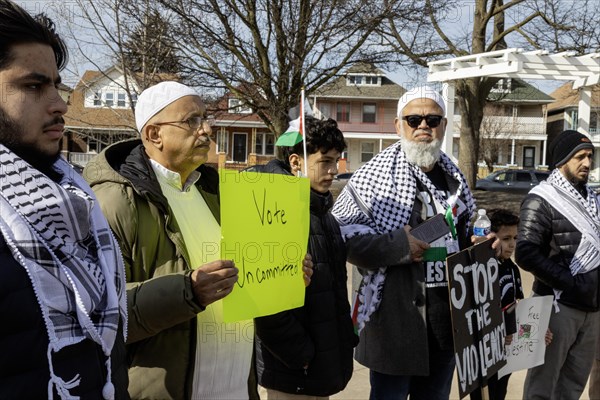 Hamtramck, Michigan USA, 25 February 2024, Two days ahead of Michigan's Presidential primary election, a rally in this heavily Arab-American city urges a vote for uncommitted instead of for Joe Biden. Many Arab-Americans are furious about Biden's support for Israel in the Gaza war. Israel's bombing there has cost tens of thousands of Palestinian lives