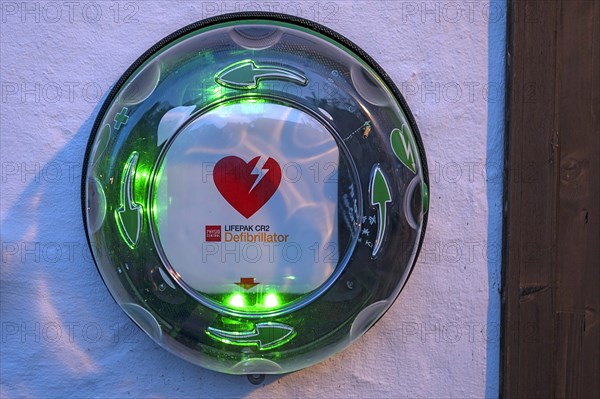 Defibrilator on a wall of the fire brigade, Bavaria, Germany, Europe