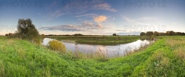 Panoramic view along the Leine, panorama, landscape, evening light, landscape photography, nature photography, Neustadt am Ruebenberge, Lower Saxony, Germany, Europe