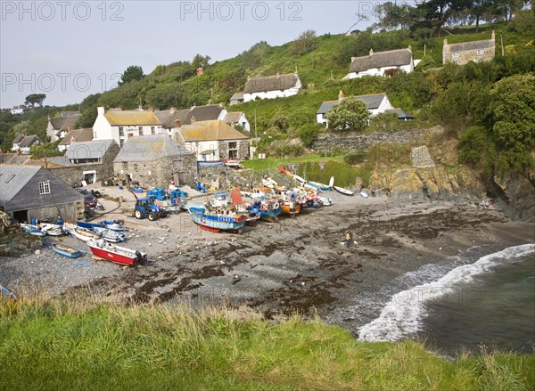 The historic and attractive fishing village of Cadgwith Cove on the Lizard Peninsula, Cornwall, England, United Kingdom, Europe