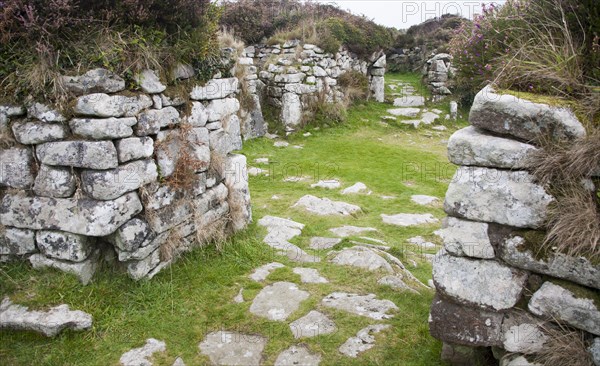 Chysauster Ancient Village is a late Iron Age and Romano-British village of courtyard houses in Cornwall, England, United Kingdom, Europe