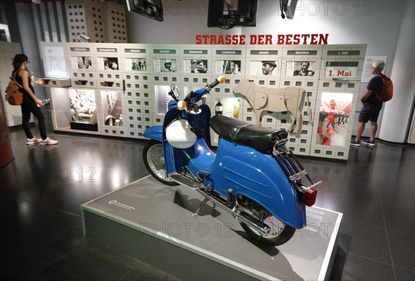 A Simson moped in the DDR Museum. The DDR Museum shows the life and everyday culture of the GDR in its permanent exhibition, 11.06.2019