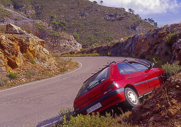 Traffic accident on road in Sierra Nevada, Granada district, Andalusia, Spain, Southern Europe, Scanned thumbnail slide, Europe