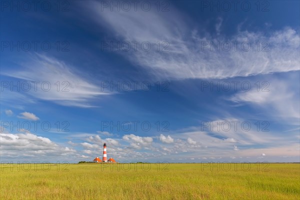 Lighthouse Westerhever, Leuchtturm Westerheversand in summer, Wadden Sea National Park, North Frisia, Nordfriesland, Schleswig-Holstein, Germany, Europe