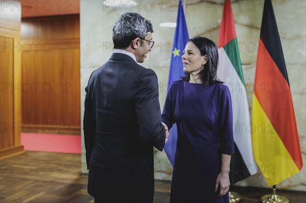 (R-L) Annalena Baerbock (Alliance 90/The Greens), Federal Foreign Minister, and Sheikh Abdullah bin Zayed Al Nahyan, Foreign Minister of the United Arab Emirates, photographed during a joint meeting in Berlin, 20 February 2024 / Photographed on behalf of the Federal Foreign Office