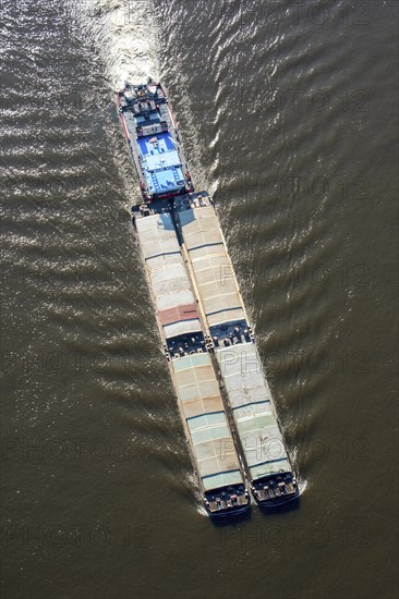 Aerial photo, pushed convoy, pushed barge. barge, lighter, Elbe, transport, ship, Elbe, Hamburg, Germany, Europe
