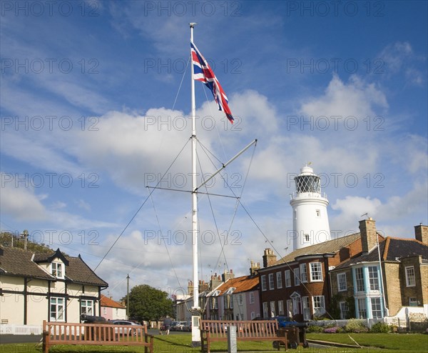 Union Jack flag lighthouse and houses at Southwold, Suffolk, England, United Kingdom, Europe