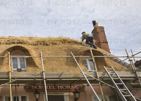 A thatcher completing the re-thatching of a traditional country pub, the Sorrel Horse, Shottisham, Suffolk, England, United Kingdom, Europe