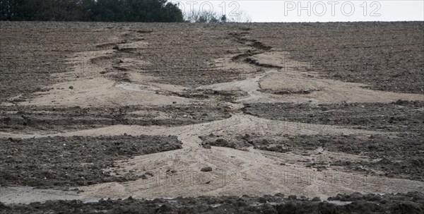 Soil erosion in a field from overland flow after heavy rain, Rendlesham, Suffolk, England, United Kingdom, Europe