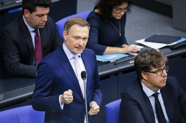 Christian Lindner (FDP), Federal Minister of Finance, recorded during a government questioning in the plenary session of the Bundestag. Berlin, 21.02.2024