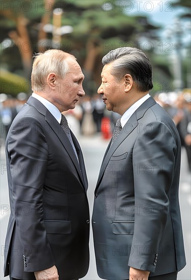 President of the Russian Federation Vladimir Vladimirovich Putin stands in front of the General Secretary of the Chinese Communist Party Xi Jinping and looks each other in the eye, both in grey anzu and the same tie, AI generated, AI generated