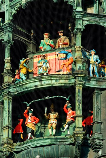 Clock tower chimes, carillon of the new town hall at Marienplatz, Mary's square, Munich, Bavaria, Germany, Europe