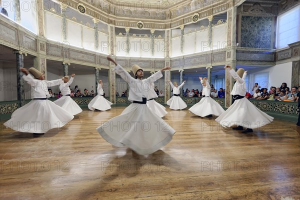 Dancing dervishes, dervish dance Sema, Mevlevihanesi Muezesi at Istiklal Caddesi, Istanbul, European part, Turkey, Asia
