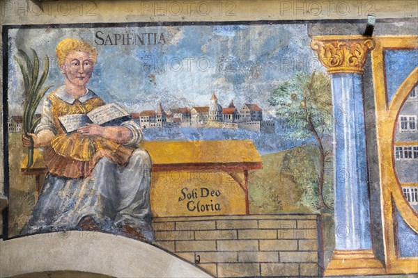 Stein am Rhein, historic old town, mural painting, Sapientia the wisdom, Latin inscription, Soli Deo Gloria, thanks to the Lord, woman, townscape, Canton Schaffhausen, Switzerland, Europe