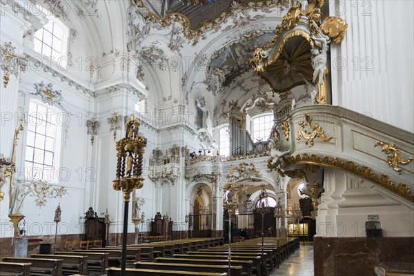 Baroque church, interior view, Marienmuenster, Diessen, Ammersee, Fuenfseenland, Pfaffenwinkel, Upper Bavaria, Bavaria, Germany, Europe