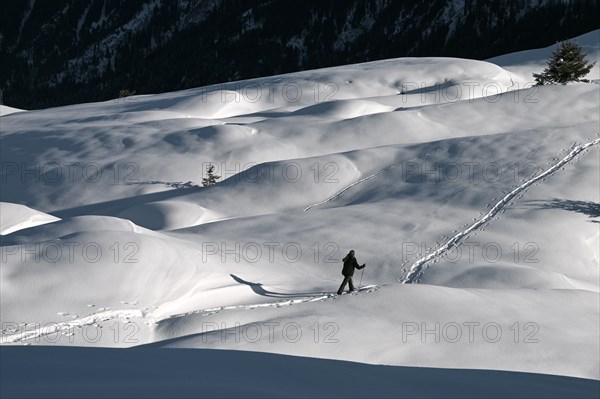 Snowshoe hiking in the Beverin nature park Park, Graubuenden, Switzerland, Europe