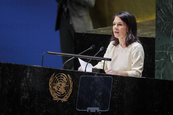 Plenary session of the United Nations General Assembly on 'AeRThe situation in the temporarily 'AeRoccupied territories of Ukraine in New York, 24 February 2024. Annalena Baerbock (Alliance 90/The Greens), Federal Foreign Minister, travels to New York to mark the anniversary of the attack on Ukraine. Photographed on behalf of the Federal Foreign Office