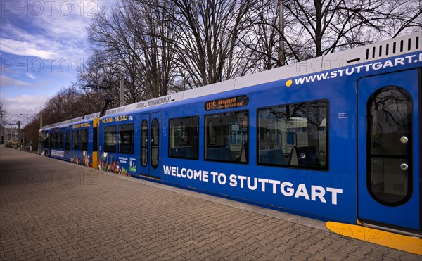 Underground railway, advertising for the EURO 2024, European Football Championships, Stuttgart, logo, slogan Welcome to Stuttgart, United by Friends, Baden-Wuerttemberg, Germany, Europe