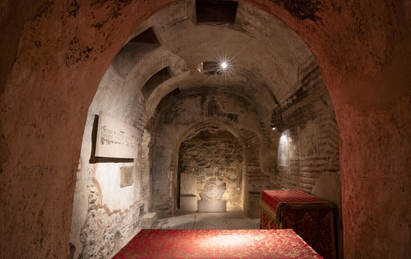 Interior view of the crypt, remains of the Roman baths, Hagios Demetrios church, also known as Agios Dimtrios or Demetrios basilica, Thessaloniki, Macedonia, Greece, Europe