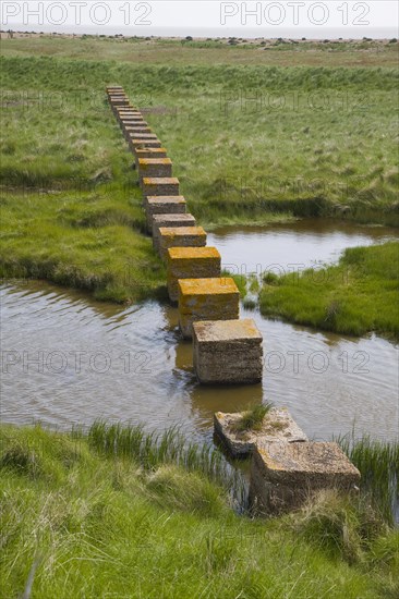 Concrete block tank traps from the second world war cross coastal marshes at Alderton, Suffolk, England, United Kingdom, Europe