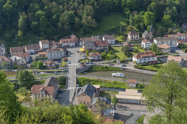 View from the ruins of Luetzelbourg to the village of Lutzelbourg with the Rhine-Marne Canal, Lutzelbourg, Lorraine, France, Alsace, Europe