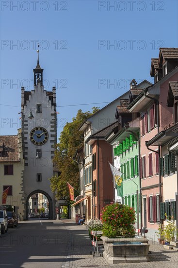 Old town of Dissenhofen am Rhein, town gate, tower clock, floral decoration, district Frauenfeld, canton Thurgau, Switzerland, Europe