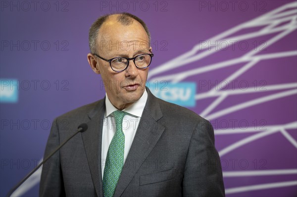 Friedrich Merz, CDU party chairman, CDU/CSU parliamentary group leader, during a press statement in front of a parliamentary group meeting. Berlin, 20.02.2024