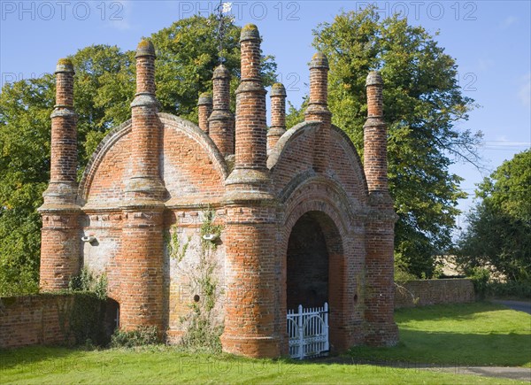 Tudor red brick gatehouse at Ewarton Hall, Suffolk, England, United Kingdom, Europe