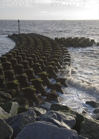 Coastal defences on the North Sea coast in East Anglia at Cobbold's Point, Felixstowe, Suffolk, England, United Kingdom, Europe