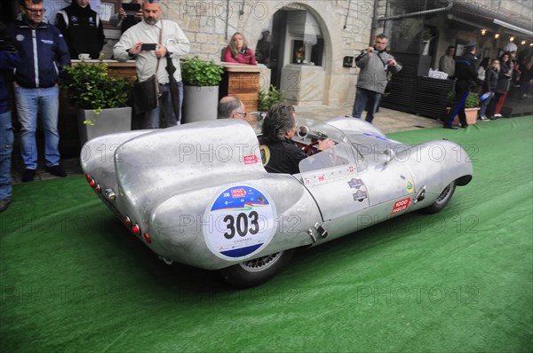 Mille Miglia 2016, time control, checkpoint, SAN MARINO, start no. 303 LOTUS ELEVEN built in 1954 Vintage car race. San Marino, Italy, Europe