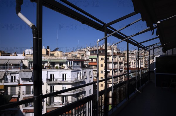 View from the roof terrace of a residential building to residential buildings and roof antennas, Leonida Iasonidou Street, Thessaloniki, Macedonia, Greece, Europe