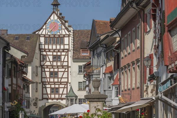 Stein am Rhein, historic old town, town gate, half-timbered house, tower clock, bell tower, Canton Schaffhausen, Switzerland, Europe