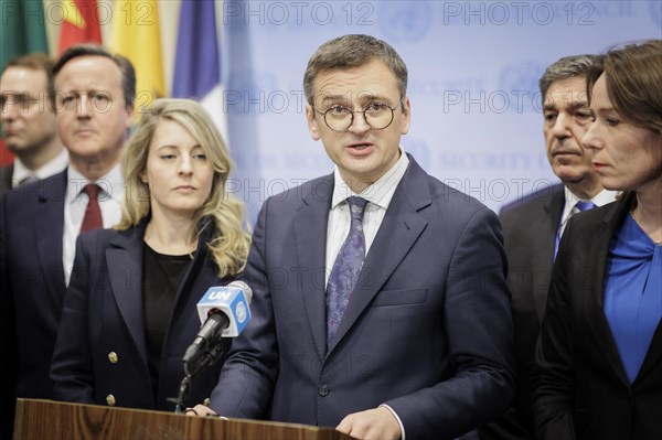 Dmytro Kuleba, Foreign Minister of Ukraine, during a press statement on the occasion of the anniversary of the attack on Ukraine, in New York, 24.02.2024. Photographed on behalf of the Federal Foreign Office