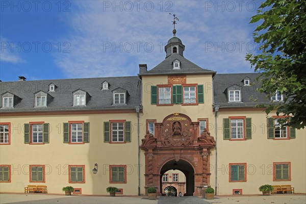 Inner courtyard with entrance and portal with decorations, gate, baroque, spire, castle, Bad Homburg, Taunus, Hesse, Germany, Europe