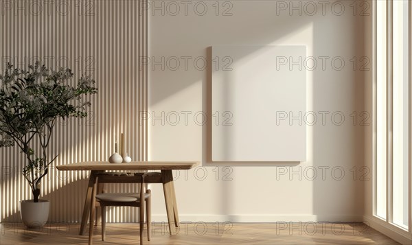 A bright, clean interior featuring a wooden dining set against white walls with vertical line textures AI generated