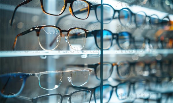 Row of eyeglasses displayed on transparent shelves in an optical store AI generated
