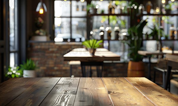 Empty cafe interior with warm lighting, wooden tables, chairs, and potted plants AI generated