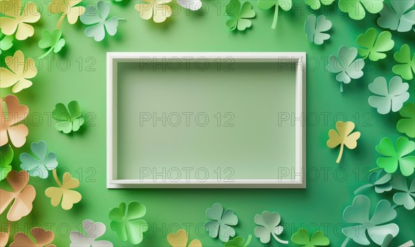 An empty green framed center surrounded by paper cut shamrocks on a green backdrop AI generated