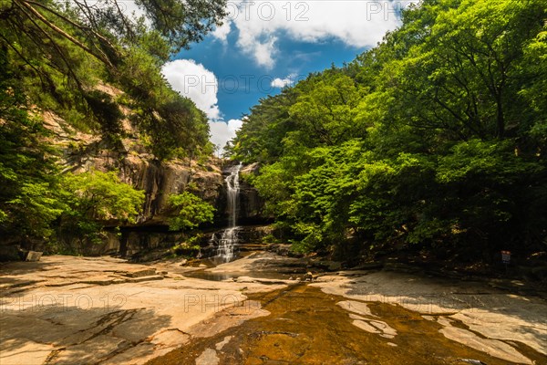 A majestic waterfall cascading down into a natural pool surrounded by rock formations and trees, in South Korea