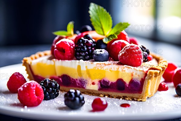 Colorful fruit tart featuring gluten free almond flour crust vegan pastry cream fresh berry toppin, AI generated