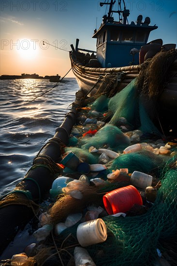 Fishermans net teeming with plastic debris overshadowing the sparse catch of fish, AI generated