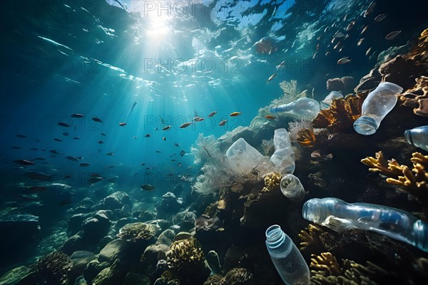 Underwate coral reefs ensnared with drifting plastic bags and bottles, AI generated