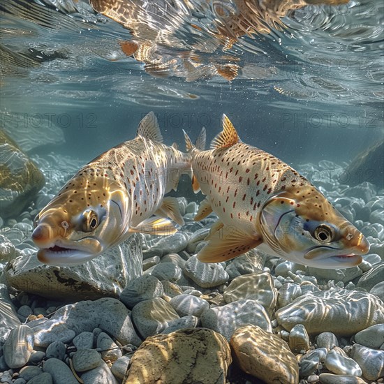 Salmon (Salmo salar) on the migration and swim up a stream in shallow, clear water, ai generiert, AI generated