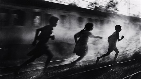 Children running beside a train in motion, depicted in a dynamic black and white scene, AI generated